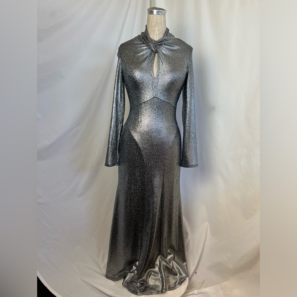 Sandro Silver Metallic Maxi Dress with Cutout Size S